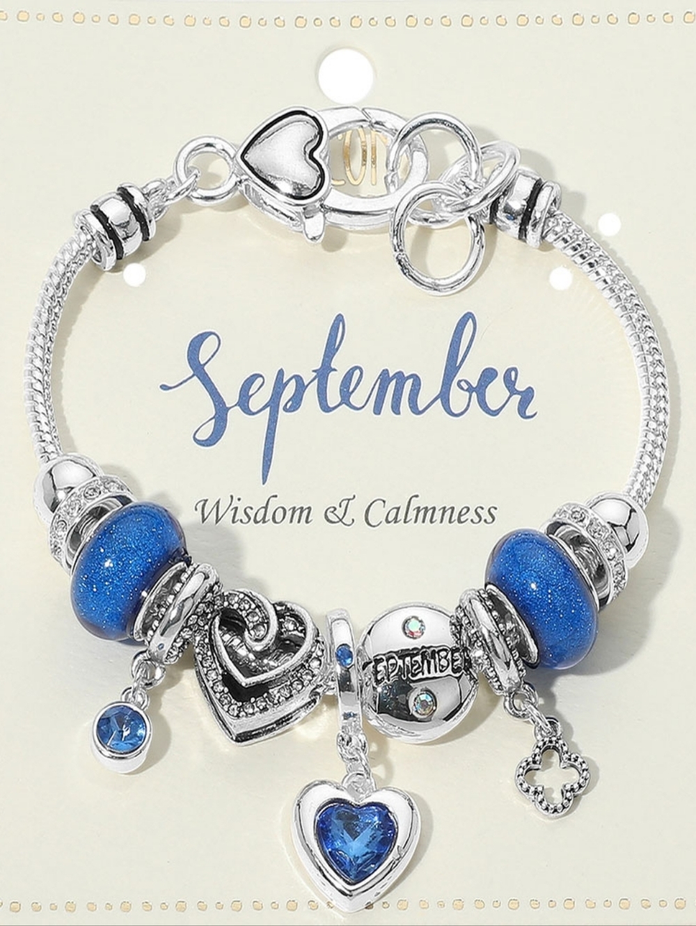 September - Birthstone Heart Charm Multi Beaded Bracelet